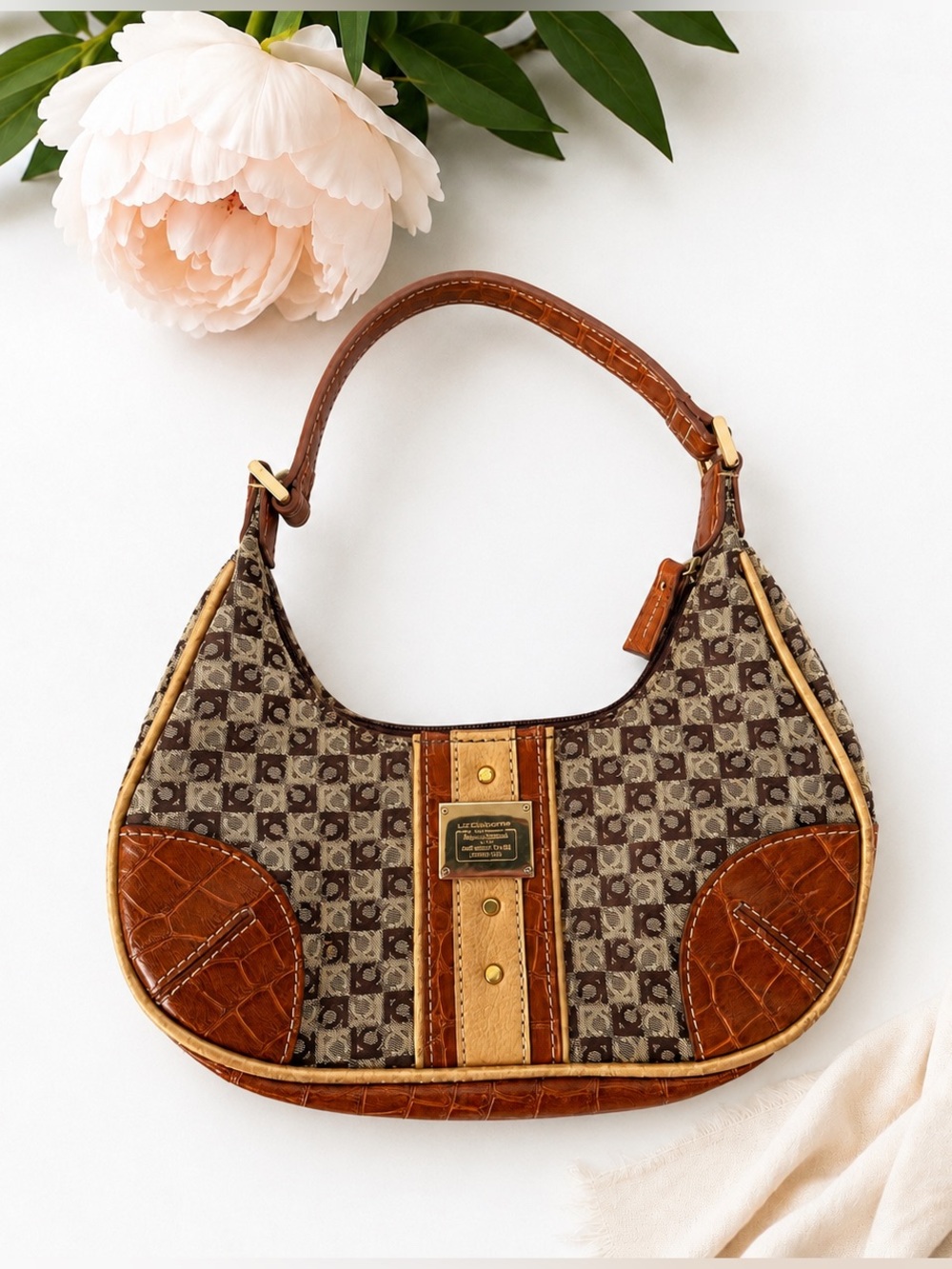 Vintage Y2K Liz Claiborne Monogram Shoulder Bag Croc Embossed Logo Purse